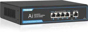 PoE Switch Gigabit 4 Ports with 1-Port 1000Mbps UplinkTEROW 5-Port PoE Switches Gigabit, 65W,Built-in Power802.3af Compliant | Vlan, Metal fanless Design,Plug & Play | Shielded Ports