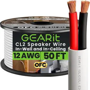GearIT 12/2 Speaker Wire (50 Feet) 12AWG Gauge - in Wall Audio Speaker Wire Cable / CL2 Rated / 2 Conductors - OFC Oxygen-Free Copper, White 50ft