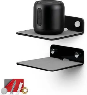BRAINWAVZ 2-Pack 4 Small Floating Shelf Bluetooth Speaker Stand, Adhesive & Screw Wall Mount, Anti Slip, for Cameras, Baby Monitors, Webcam, Router & More, Universal Holder (SHELF11 Black)