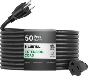 PLUGTUL Outdoor Extension Cord 50 FT Waterproof, 16/3 Gauge Black Heavy Duty 3 Prong Extension Cord, 13A 1625W SJTW, ETL Listed, Great for Garden and Home