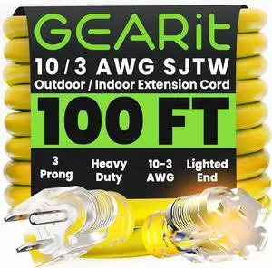 GEARit Outdoor 10 AWG Gauge 3 Prong Plug 100 Foot Extension Cord, Power Cord for Lawn, Garden, Appliances, 10/3, SJTW Heavy Duty for Indoor/Outdoor, All Purpose Weather Resistant, 100 Feet, Yellow