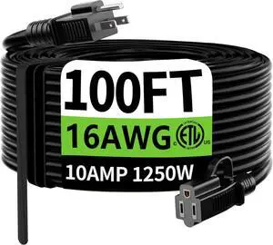 HUANCHAIN Indoor Outdoor Black Extension Cord 100 ft Waterproof, 16/3 Gauge Flexible Cold-Resistant Appliance Extension Cord Outside, 10A 1250W 16AWG SJTW, 3 Prong Heavy Duty Electric Cable, ETL