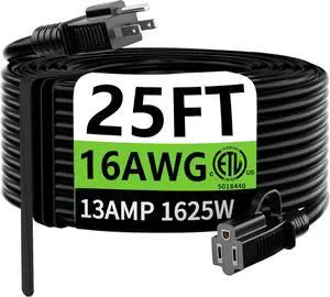 HUANCHAIN Indoor Outdoor Black Extension Cord 25 ft Waterproof, 16/3 Gauge Flexible Cold-Resistant Appliance Cable Outside, 13A 1625W 16AWG SJTW, 3 Prong Heavy Duty Electric Cord, ETL