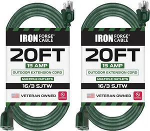 Iron Forge Cable 2 Pack Weatherproof 20 Ft Outdoor Extension Cord - 16/3 SJTW Heavy Duty Green Extension Cord 3 Prong - 13 Amp Exterior Power Cable