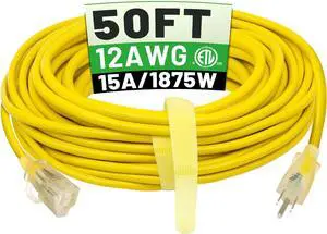 50 ft 12/3 Outdoor Extension Cord Waterproof Heavy Duty with Lighted Indicator End 12 Gauge 3 Prong, Flexible Cold-Resistant Long Power Cord Outside, 15Amp 1875W SJTW Yellow ETL Listed