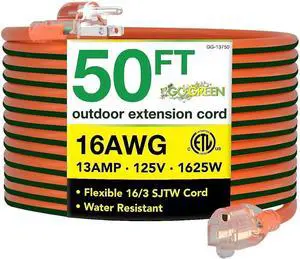Go Green Power Inc. 16/3 50-Foot Outdoor Extension Cord - Heavy-Duty, Weatherproof, GG-13750
