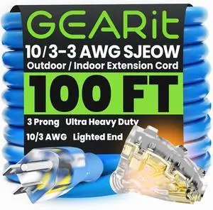 GEARit Outdoor 10 AWG Gauge 3 Prong Plug, Extension Cord, Triple Outlet Ultra Heavy Duty SJEOW, 10/3, for Indoor/Outdoor, LED Lighted Plug, Resistant Rubber Jacket, Extreme Weather, 100 Ft, Blue