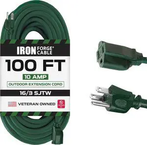 Iron Forge Cable Green Outdoor Extension Cord 100 FT - 16/3 SJTW Weatherproof Long Extension Cord for Outside with 3 Prong - 16 Gauge 100 Foot for Yard, Gardens, Landscaping - UL Listed