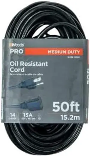Woods 982452 50-Foot SJTOW Agricultural Outdoor Heavy Duty All- Weather Extension Cord, Oil Resistant Vinyl Jacket, Versatile Use, Powerful 15 Amps, 125 Volts, 1,875 Watt Extension Cord, Black
