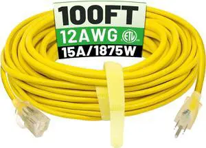 100 ft 12/3 Outdoor Extension Cord Waterproof Heavy Duty with Lighted Indicator End 12 Gauge 3 Prong, Flexible Cold-Resistant Long Power Cord Outside, 15Amp 1875W SJTW Yellow ETL Listed
