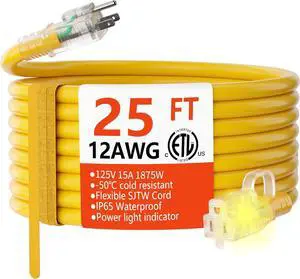 HUANCHAIN 12 Gauge Heavy Duty Outdoor Extension Cord 25 ft Waterproof with Lighted end, Flexible Cold-Resistant 3 Prong Electric Cord Outside, 15Amp 1875W 12AWG SJTW, Yellow, ETL