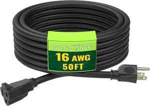Indoor Outdoor Extension Cord 50 FT, 16/3 SJTW Weatherproof Black Electrical Cords, 13 AMP Heavy Duty 3 Prong Power Cable Great for Garden, Landscaping & Holiday Decorations