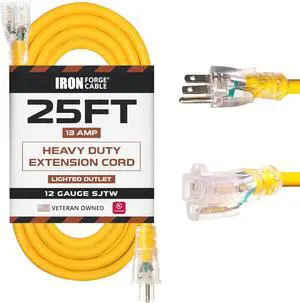 IRON FORGE CABLE 25 ft Lighted Outdoor Extension Cord - 12/3 SJTW Heavy Duty Yellow Extension Cable Extension Cable with 3 Prong Grounded Plug for Safety, 15AMP -Great for Garden and Major Appliances