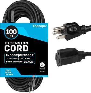 100 ft Outdoor Extension Cord, 16/3 SJTW Black Extension Cord 100 Foot 3 Prong, Weatherproof Exterior Power Cable for Outside Lights & Lawn, UL Certified - US Veteran Owned