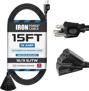 Iron Forge Cable 15 Ft Black Extension Cord with 3 Outlets - 16/3 SJTW 15 Foot 3 Outlet Outdoor Extension Cord 3 Prong, Weatherproof Exterior Power Cable for Outdoor