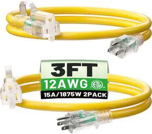 2 Pack 3 ft 12/3 Outdoor Extension Cord Waterproof Heavy Duty with Lighted Indicator End 12 Gauge 3 Prong, Flexible Cold-Resistant Long Power Cord Outside, 15Amp 1875W Yellow ETL Listed