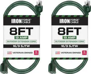 Iron Forge Cable 2 Pack Weatherproof 8 Ft Outdoor Extension Cord - 16/3 SJTW Heavy Duty Green Extension Cord 3 Prong - 13 Amp Exterior Power Cable