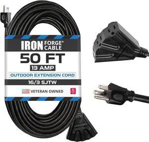 Iron Forge Cable 50 Ft Black Extension Cord with 3 Outlets - 16/3 SJTW 50 Foot Extension Cord 3 Prong, Weatherproof Exterior Power Cable for Outdoor