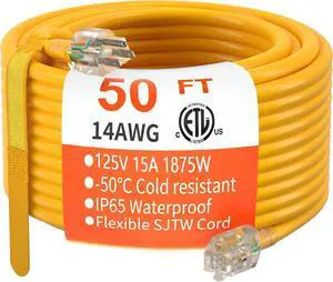 HUANCHAIN 50 ft 14/3 Gauge Heavy Duty Outdoor Extension Cord Waterproof with Lighted, Flexible Cold Weather 3 Prong Electric Cord Outside, 15A 1875W 125V 14AWG SJTW, Yellow, ETL Listed