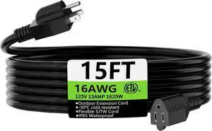 HUANCHAIN 15 FT 16 Gauge Black Indoor Outdoor Extension Cord Waterproof, Flexible Cold Weather 3 Prong Electric Cord Outside, 13A 1625W 125V 16AWG SJTW, ETL Listed
