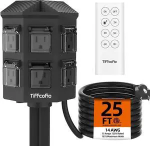 Outdoor Power Strip with 25FT Extension Cord, Remote Control Dusk to Dawn Light Timer Waterproof, 6 Grounded Outlets for Halloween Inflatables and Decorations, ETL Listed