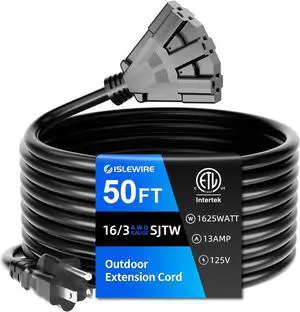 50 FT 3 Outlet Outdoor Extension Cord Waterproof, 16/3 SJTW Black Extension Cord with Multiple Outlets, Heavy Duty 16 Gauge 3-Prong Grounded Power Cable for Garden and Home Use, ETL Listed