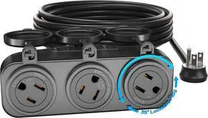 Extension Cord 15 ft with Lockable Socket, 3 outlets, 13A/1625W, 16 AWG, Outdoor Indoor Extension Cord 3 Prong Flat Plug, UL Listed, Black