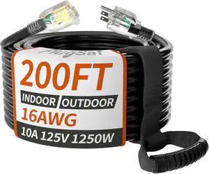 16/3 Gauge 200 ft Extension Cord Outdoor Black Waterproof, Cold Weatherproof -58°F, Flame Retardant, Flexible 3 Prong Heavy Duty Electric Cord for Lawn Office,10A 1250W 16AWG SJTW, ETL Listed