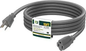 EP 15 Ft Outdoor Extension Cord - 16/3 SJTW Gray Electrical Cable with 3 Prong Grounded Plug, UL Listed