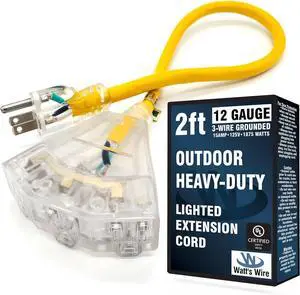 2 ft Heavy Duty Extension Cord - 12 Gauge Outdoor Extension_Cord - Lighted Mulitiple Outlets by Watt's Wire - 2' 12-Gauge Grounded 15 Amp Cord Splitter - extensiones electricas