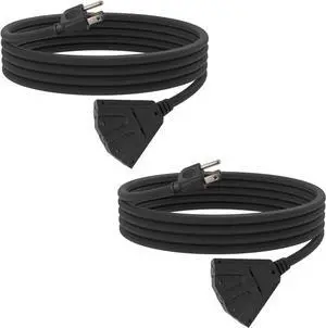 2 Pack 10 Ft Outdoor Extension Cord with 3 Electrical Power Outlets - 16/3 SJTW Black Cable with 3 Prong Grounded Plug