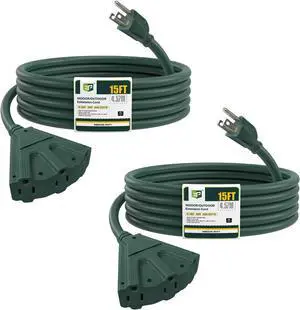 EP 2 Pack 15 Ft Outdoor Extension Cord with 3 Electrical Power Outlets - 16/3 SJTW Green Cable with 3 Prong Grounded Plug for Safety Great for Christmas Lights, Garden and Major Appliances