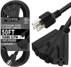 K KASONIC - 50 Ft Extension Cord with 3 Outlets, UL Listed 16/3 SJTW 3-Wire Grounded, 13A 125V 1625W for Indoor/Outdoor Use - Black