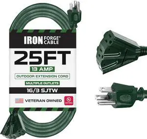 IRON FORGE CABLE 25 Foot Outdoor Extension Cord with 3 Electrical Power Outlets - 16/3 SJTW Durable Green Extension Cable with 3 Prong Grounded Plug for Safety