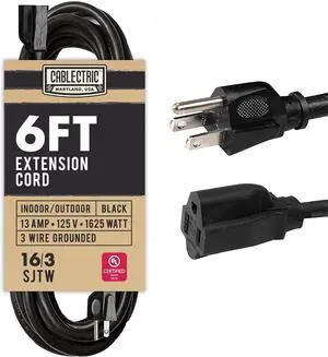 6 Foot Outdoor Extension Cord - 16/3 SJTW Black 16 Gauge Electrical Cable with 3 Prong Grounded Plug