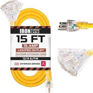IRON FORGE CABLE 15 Foot Lighted Outdoor Extension Cord with 3 Electrical Power Outlets - 12/3 SJTW Heavy Duty Yellow Extension Cable with 3 Prong Grounded Plug for Safety