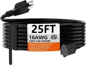 HUANCHAIN 25 FT 16 Gauge Black Indoor Outdoor Extension Cord Waterproof, Flexible Cold Weather 3 Prong Electric Cord Outside, 13A 1625W 125V 16AWG SJTW, ETL Listed