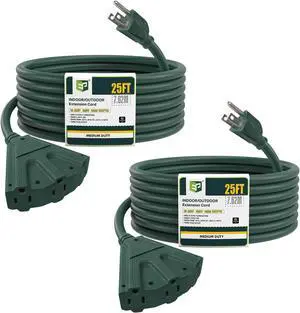 EP 2 Pack 25 Ft Outdoor Extension Cord with 3 Electrical Power Outlets - 16/3 SJTW Green Cable with 3 Prong Grounded Plug for Safety Great for Christmas Lights, Garden and Major Appliances