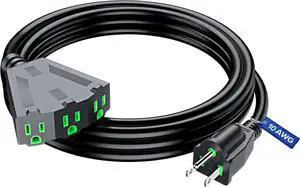 Maximm 10/3 Indoor Extension Cord 10 Feet, 10AWG Black ETL Listed, 3 Prong Plug 3-Outlet Heavy Duty Indoor, Power Cord 10ft