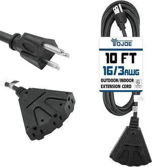 YOJOE 3-Outlets Indoor Outdoor Extension Cord, 3 Prong 13A Weatherproof Power Cord Multiple Outlets, 16 Gauge Heavy Duty 10 ft Black Extension Cord for Garage, Garden, 16/3 SJTW UL Listed