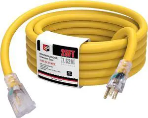 EP 25 Ft Lighted Outdoor Extension Cord - 10/3 SJTW Heavy Duty Yellow Extension Cable with 3 Prong Grounded Plug for Safety, UL Listed