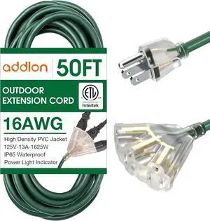 addlon 50FT 16/3 Lighted Outdoor Extension Cord with 3-Plug Outlet, Heavy Duty Extension Cord with 3 Prong Grounded Plug for Safety, 13AMP, Listed ETL