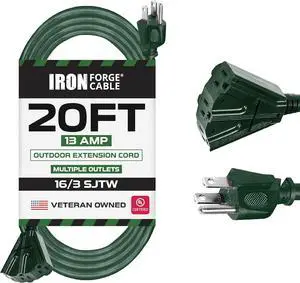 Iron Forge Cable 20ft Green Outdoor Extension Cord with 3 Outlets - 16/3 SJTW 20ft Extension Cord 3 Prong, 13 Amp All-Weather Heavy Duty Power Cable