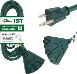 3-Outlets Indoor Outdoor Extension Cord Weatherproof, UL Listed, 16 Gauge 15FT Green 3 Prong Heavy Duty, 16/3 SJTW 13A Power Cord