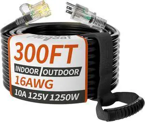 16/3 Gauge Black Outdoor Extension Cord 300 ft Waterproof with Lighted Indicator, Cold Weatherproof -40°C, Flexible 3 Prong Long Extension Cord Outside,10A 1250W 16AWG SJTW, ETL Listed