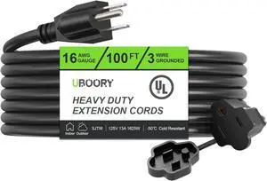Outdoor Extension Cord Waterproof 100 FT, Black 16/3 SJTW Heavy Duty, Flexible 100% Copper 3 Prong Extension Cord for Lawn, Garage,UL Listed