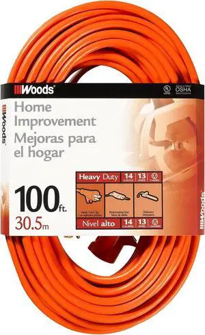 Woods 0627 14/3 Outdoor SJTW Vinyl Extension Cord; 100-Foot; Orange
