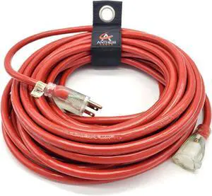 50 ft - 12 Gauge Extension Cord Outdoor - Made in USA - Lighted on Both Ends - Red Outdoor Extension_Cord Waterproof by Anthem Cable - Heavy Duty ExtensionCord 50 ft 15 Amp Extension