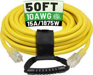 50 Ft 10/3 Outdoor Extension Cord Waterproof Heavy Duty 10 Gauge 3 Prong, Flexible Cold-Resistant Long Power Cord Outside with Lighted Indicator End, 15Amp 1875W SJTW Yellow ETL Listed