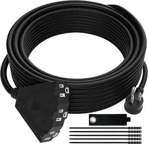 14/3 Gauge Heavy Duty Outdoor Extension Cord 25 FT, 90 Degree Angled 3 Prong Plug, 14 Gauge Power Cable with 3 Outlets, 14AWG, 15A, 125V, 1875W, ETL Listed, Black Wire, with Free Carrying Strap+Ties